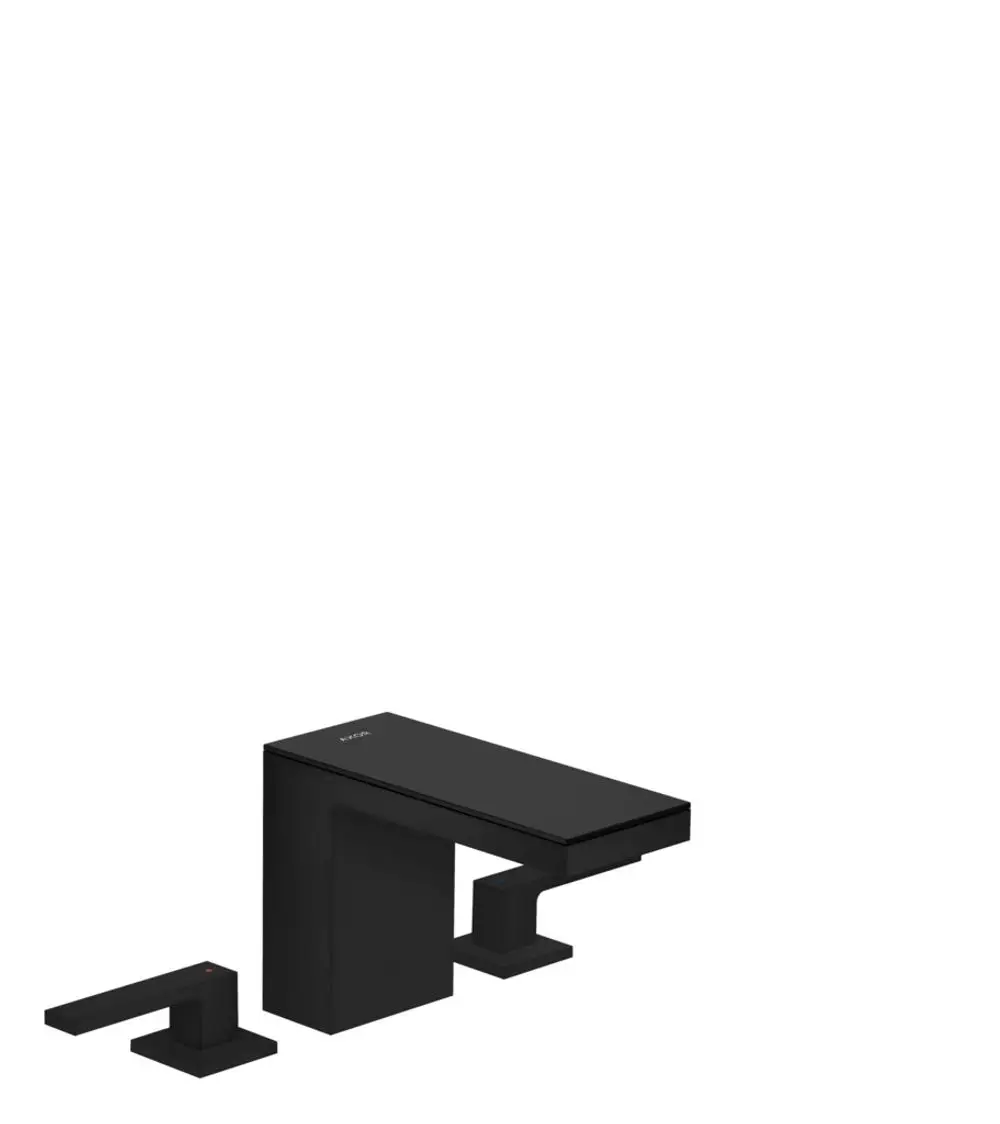 Schwarze AXOR Waschtischarmatur mit einem mattschwarzen Körper und einer Glasoberfläche, bestehend aus einem Hauptteil und einem Handgriff.